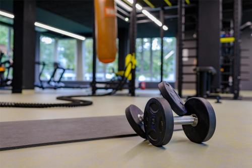 a pair of dumbbells on the floor in a gym at Flightgate Munich Airport Hotel, a member of Radisson Individuals in Hallbergmoos