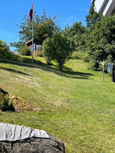 a house on a hill with a flag in a field at Charming House With Sea View And Large Plot in Sandkås