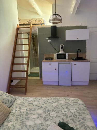 Cette chambre comprend une cuisine et des lits superposés. dans l'établissement studio Aude, à Lézignan-Corbières