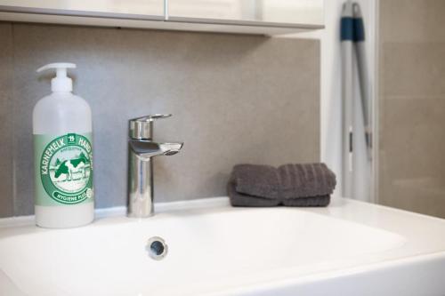 a bottle of soap sitting on top of a bathroom sink at DeLuxe Studio Lumineux et Rénové, Parking Gratuit, MULHOUSE CENTRE in Mulhouse