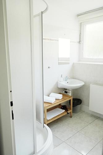 a white bathroom with a sink and a shower at Vilas & Wellness Resort Orlík in KozÃ¡rovice