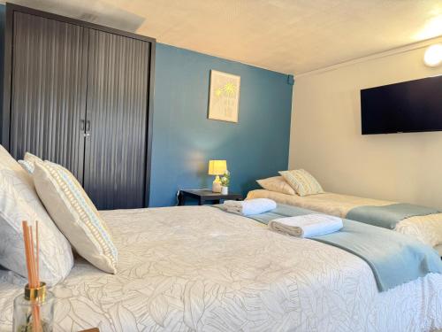 a bedroom with two beds and a flat screen tv at Studio Platanes 8 - Proche Disneyland - Parking gratuit - Meaux in Meaux