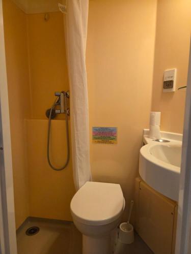 a bathroom with a toilet and a sink at Hotel Le Centre in Le Boulou