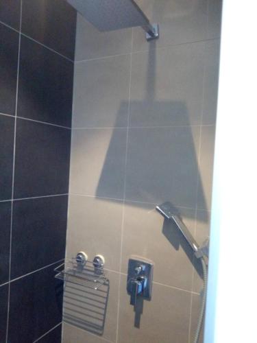 a bathroom with a shower with a tile wall at Le Moderne in Saint-Paul-le-Jeune
