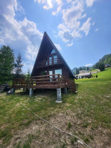 een huis met een rieten dak op een veld bij Rivera Cabin in Colibiţa
