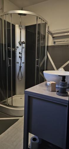 a bathroom with a sink and a shower at Elegant & Peaceful - Private Parking in Mulhouse