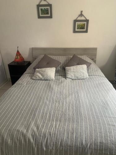 a bed with two pillows on it in a bedroom at Le gîte des Oliviers in Forcalquier