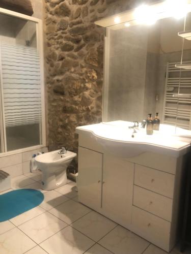 une salle de bain blanche avec un lavabo et des toilettes dans l'établissement Chez Grand Mere, à Le Perthus