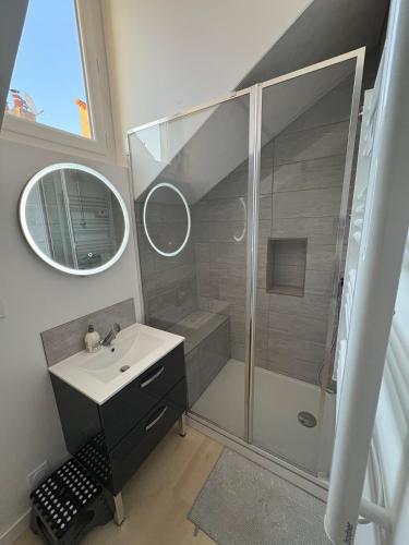 a bathroom with a shower and a sink and a mirror at Appartement rénové en centre-ville avec terrasse in Millau