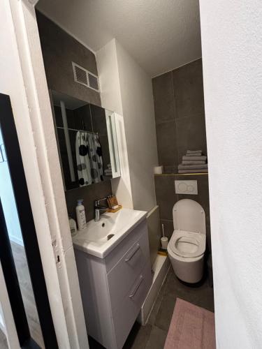 une salle de bain avec des toilettes blanches et un lavabo dans l'établissement Nice appartement for 2 adults with air-conditioning, à Nice