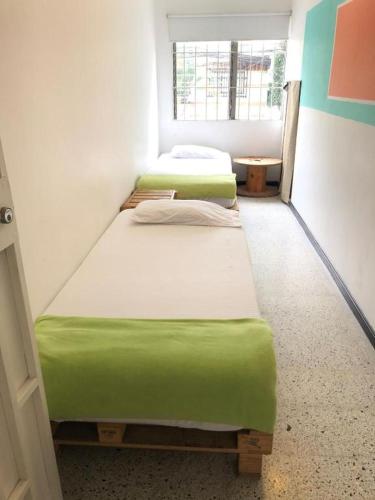 two beds in a room with green and white at Hostal Paz y Vida in Medellín