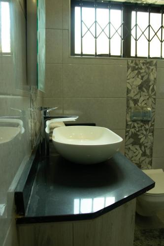 a bathroom with a sink and a toilet on a counter at Hilltop Executive Lodge in Lilongwe