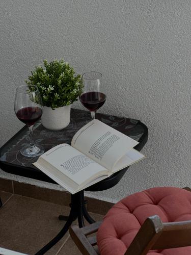 a table with a book and two glasses of wine at Porta Mare Apartment in Bar