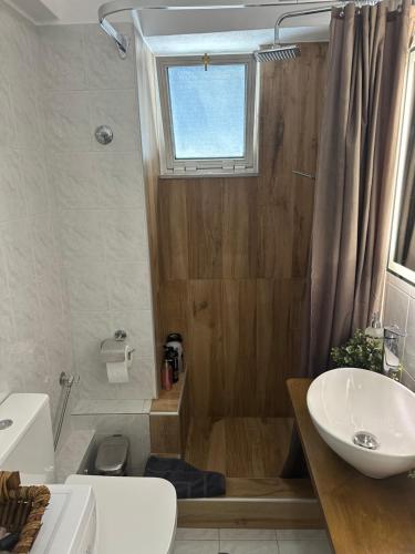 ein Badezimmer mit Toilette, Waschbecken und Dusche in der Unterkunft Sunnyhomes Ipsilantou in Loutraki