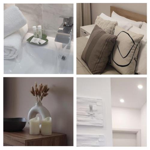 a collage of four pictures of a bed and a table at Apartament Rodopi in Smolyan
