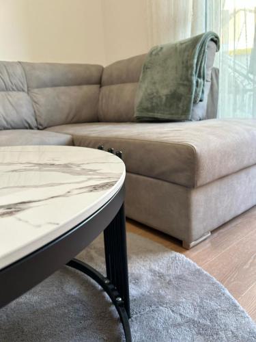 a living room with a couch and a coffee table at Kuc-kuc Twin towers in Becici