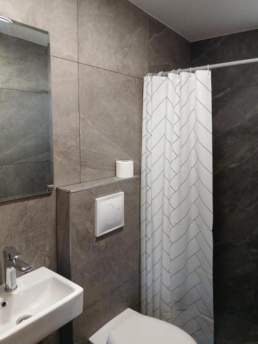 a bathroom with a shower and a toilet and a sink at Corner Bungalow in Ulcinj