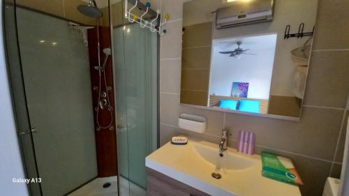 une salle de bain avec un lavabo et une douche en verre dans l'établissement Duplex cosy, 100m plage Argelès, à Argelès-sur-Mer