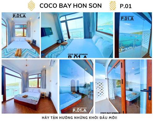 a collage of four pictures of a room with a bed at Coco Bay Hon Son in Lai Sơn