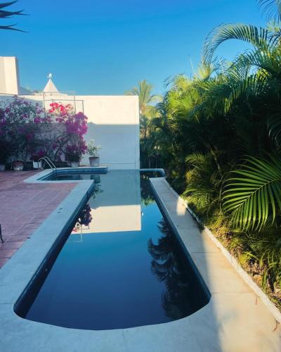 a swimming pool in front of a building with trees at Casa Basea in Zihuatanejo