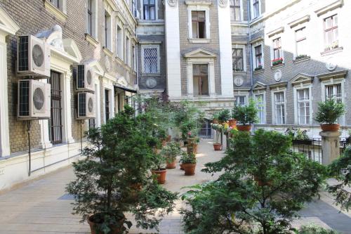 a courtyard with potted trees on a city street at Omega Guesthouse Budapest in Budapest