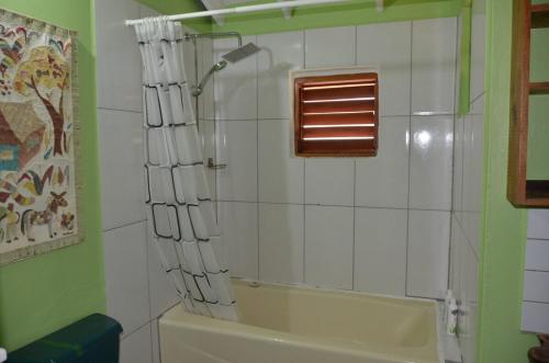 a bathroom with a shower and a bath tub at Chalet La Mar -- the main house in Laborie