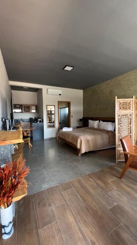 a large bedroom with a bed and a kitchen at Quinta da Serra Villa & Chalés in Santo Antônio do Pinhal