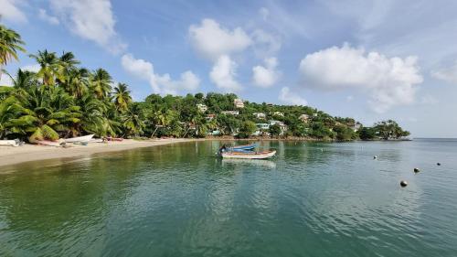 a boat in the water next to a beach at Chalet La Mar - the cottage in Laborie