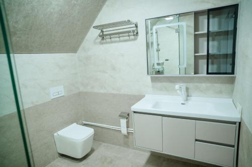 a bathroom with a toilet and a sink and a mirror at My House Resort in Dsegh
