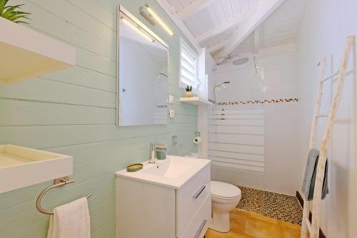 a bathroom with a white sink and a toilet at Charming villa with swimming pool for 6-8 in Saint-François