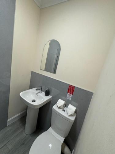 a bathroom with a white toilet and a sink at Royal Hotel in Dingwall