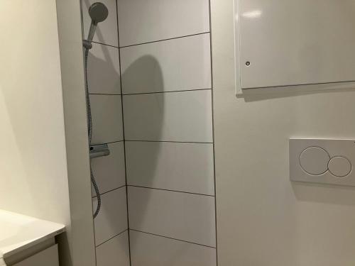 a shower in a bathroom with a glass door at Central and Spacious Apartment for 4 in Esbjerg