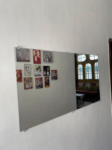 a mirror on a wall with pictures on it at Mountain Dale Guest House in Gilgit