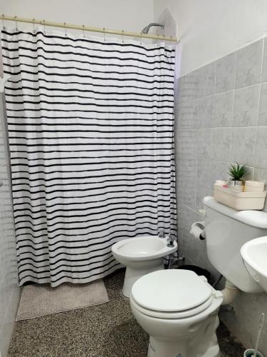 a bathroom with a toilet and a shower curtain at Casa Oliva in Tinogasta