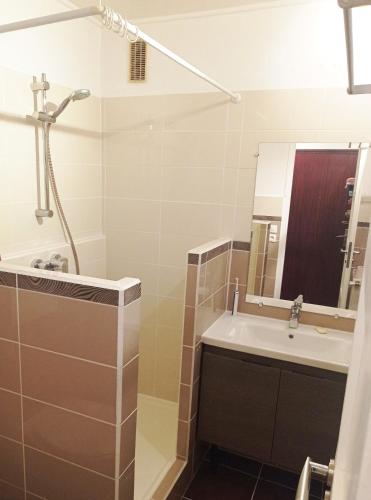 une salle de bain avec un lavabo et un miroir dans l'établissement T2 vue mer, à Anglet