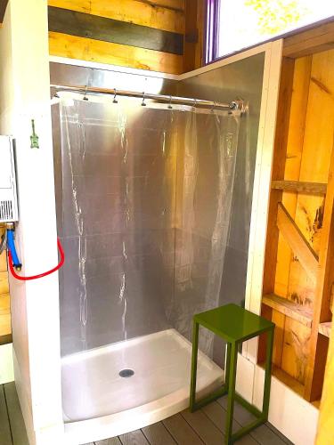 a bathroom with a shower and a green stool at Escape to Tree House Island Life in Monmouth