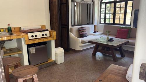 a kitchen and living room with a stove and a table at Botanical Studios Sayulita in Sayulita