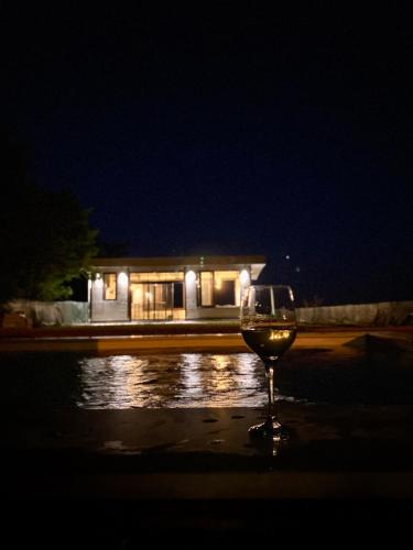 a glass of wine in front of a building at night at Vino & Vista in Ripanj