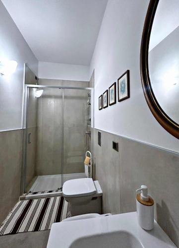 a bathroom with a shower and a toilet and a sink at La Dimoraga in Chiubbica