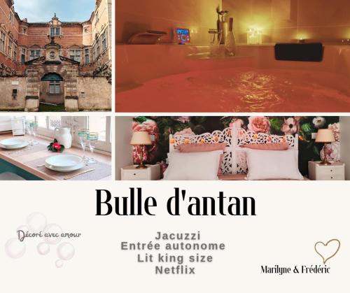 un collage de deux photos d'une chambre d'hôtel dans l'établissement Appartement Bulle d'antan en cœur de ville - Monument classé historique - Grand Jaccuzi, à Castres