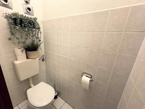 a bathroom with a toilet and a plant on the wall at StayTime - Linden Loft in Pulsnitz