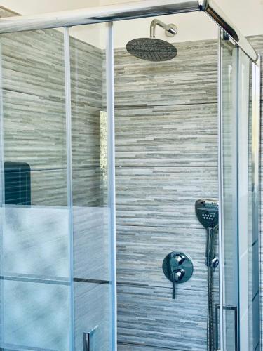 a shower with a glass door and a shower head at BERNOCCHI ROMA APARTMENT, difronte metropolitana in Acilia