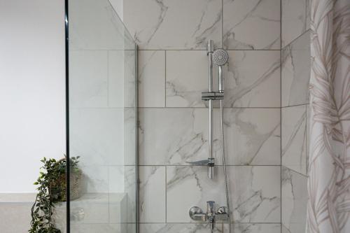 a shower with a glass door at Sika Sunny Apartment - Free private parking & Balcony in Arad