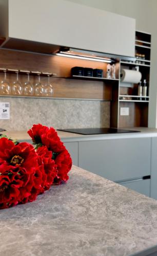 a bunch of red flowers sitting on a counter in a kitchen at Dimora Di Nardo in Catania