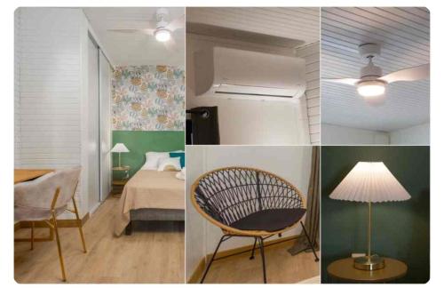 a collage of three pictures of a room with a bed and a lamp at jeanne & Léona in Fort-de-France