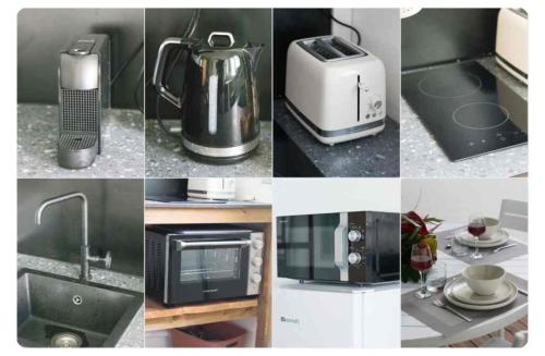 a collage of pictures of different appliances in a kitchen at jeanne & Léona in Fort-de-France