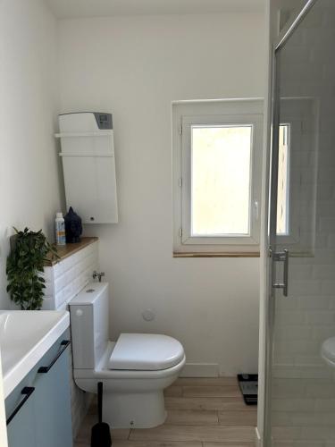 a white bathroom with a toilet and a window at T2 Au Coeur de Montpellier in Montpellier