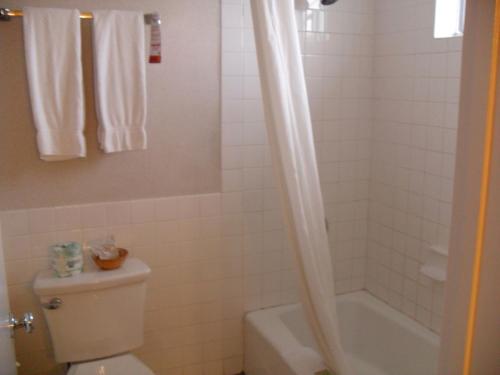 a bathroom with a toilet and a shower and a tub at Super 8 by Wyndham Los Angeles-Culver City Area in Los Angeles