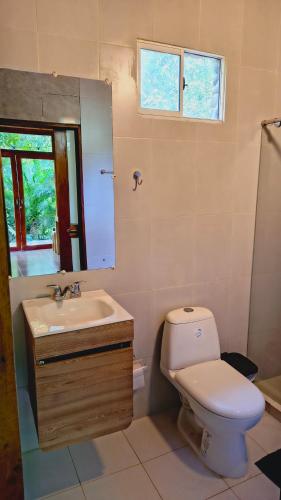エル・ザイノにあるTiny Houses Unique Tayrona - Dentro del Parque Tayronaのトイレ、洗面台、鏡を備えたバスルーム