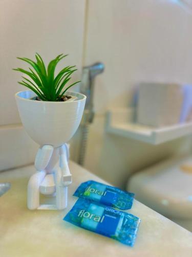 a plant in a white bowl on top of a counter at The Comfort Apt in Macaé